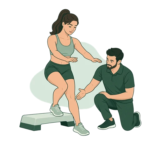 A physiotherapist observes an athlete performing a controlled step-down.