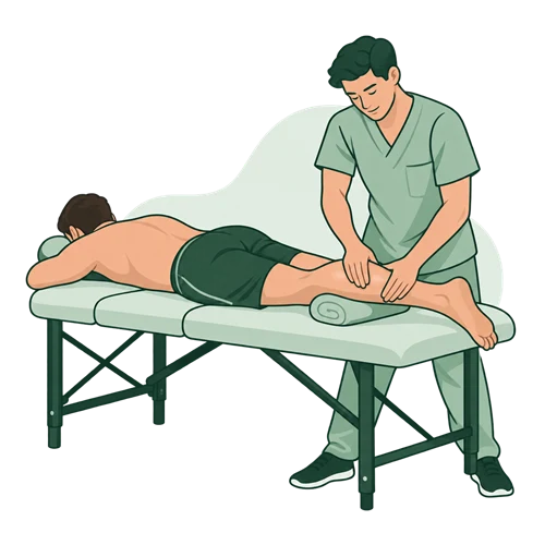 A massage therapist works on an athlete's calf on a massage table.